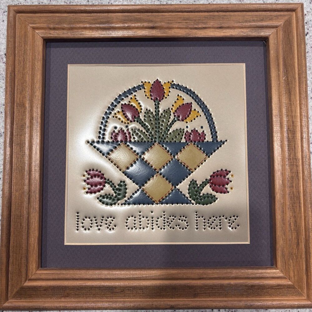 Vintage Folk Art Framed Wall Decor Basket w/ Flowers Country Farmhouse